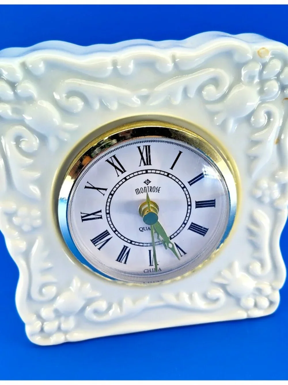 Vintage Montrose Square Porcelain Clock – White Glazed Floral Frame – WORKS